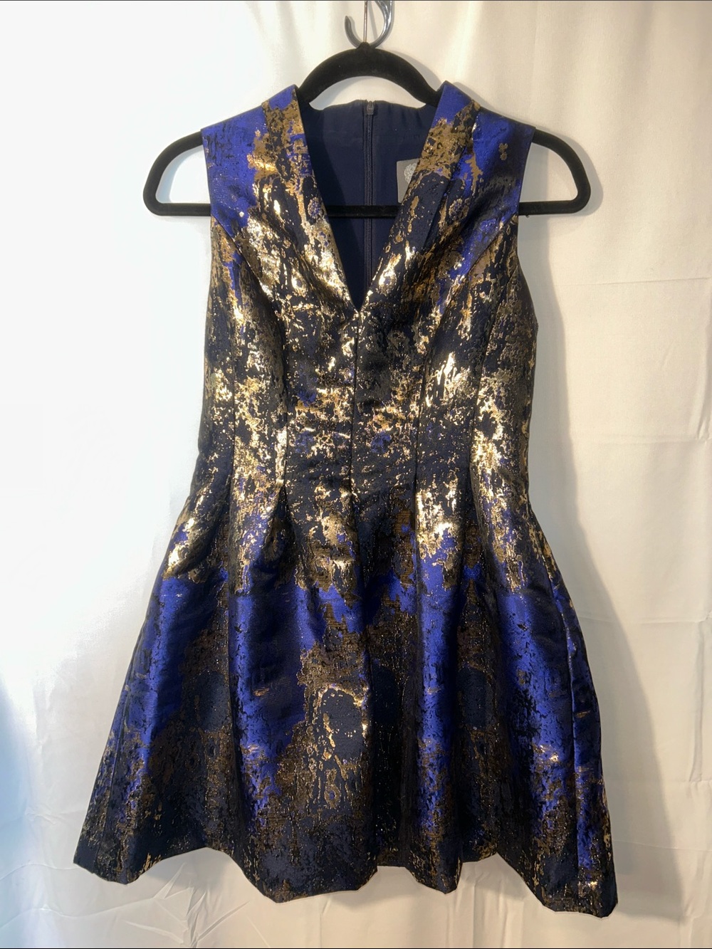 Autumn party dress Vince Camuto Royal Blue and Gold Brocade Fit-and-Flare Dress